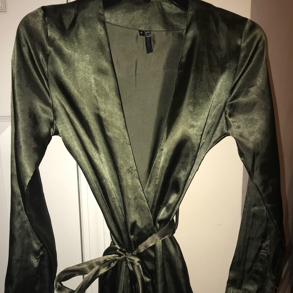 Olive green satin wrap dress